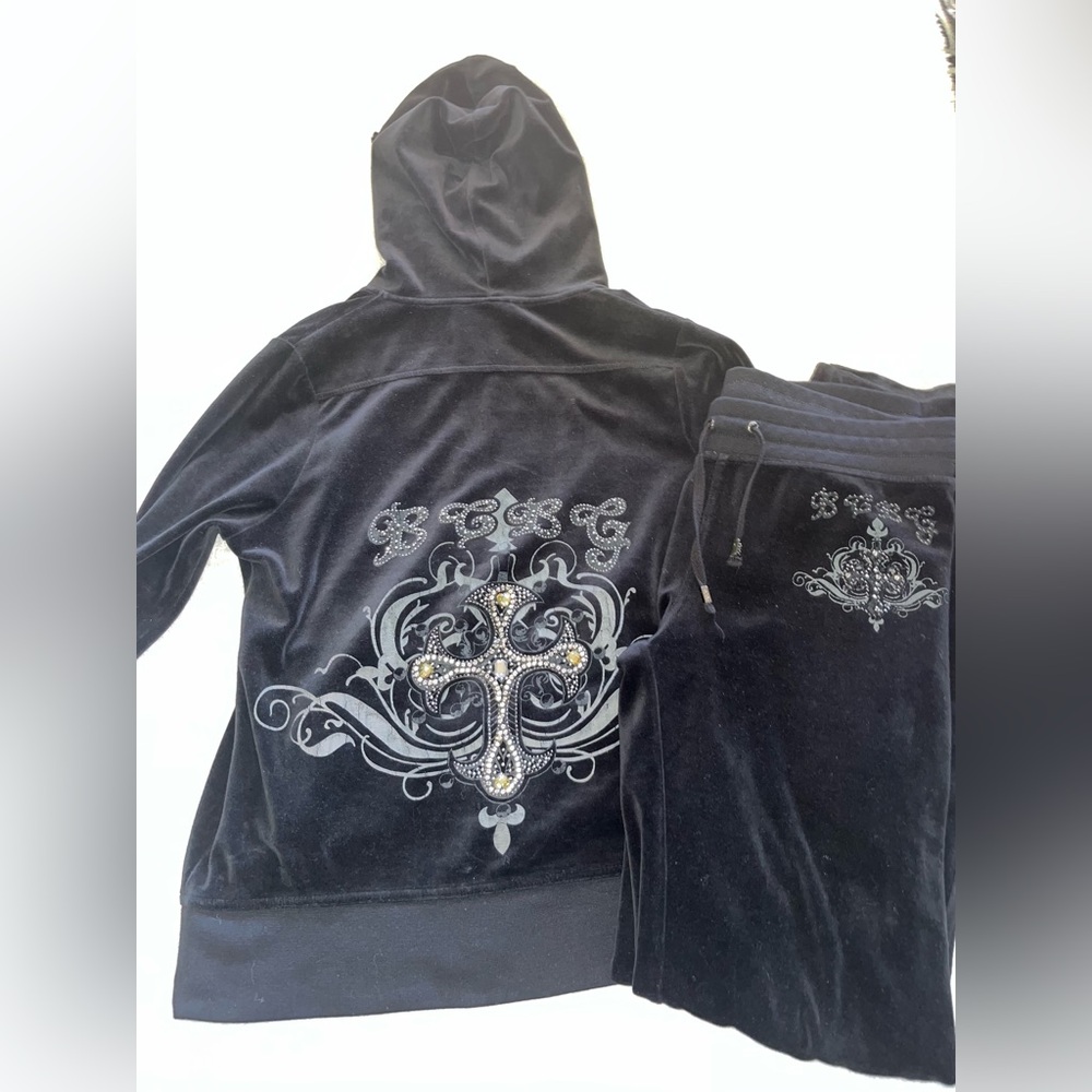 Black BCBG velour tracksuit set with silver cross detailing